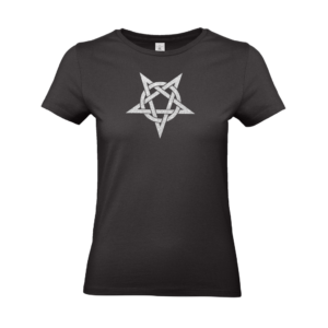 Schwarzes Damen T-Shirt mit Pentagramm/Drudenkreuz in Silber-Glitzer