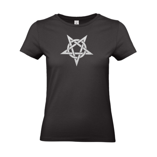 Schwarzes Damen T-Shirt mit Pentagramm/Drudenkreuz in Silber-Glitzer